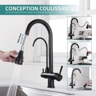 SJQKA Robinet De Cuisine 3 Voies Douchette Mitigeur Évier Avec 2 Becs Mitigeur Cuisine Pivotant 360 °,laiton Pour Évier De Cuisine à Eau Potable Compatible En Forme (Nickel brossé