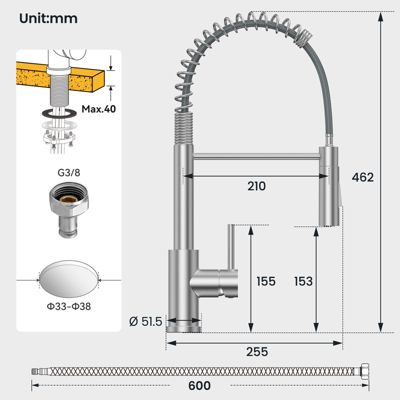 Robinet de Cuisine avec Douchette Extractible, Mitigeur Cuisine en Inox Mitigeur d'Évier avec 2 Modes de Sortie D'eau, Brossé