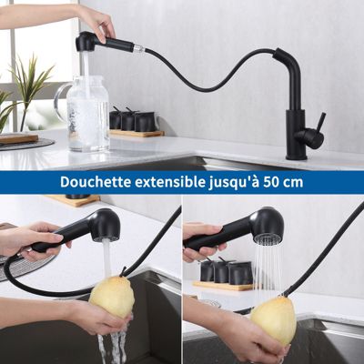 Robinet de Cuisine avec Douchette Extractible Mitigeur d'évier 2 Jets Mitigeur Cuisine Rotatif à 360 degrés Aérateur Amovible Noir