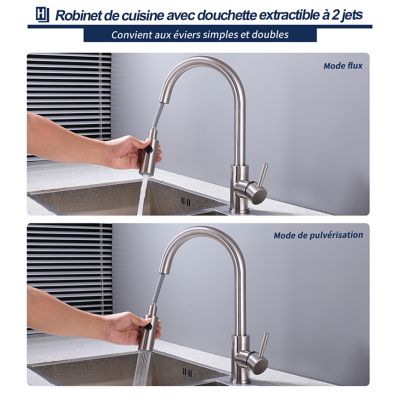 Robinet de Cuisine avec Douchette Extractible Mitigeur d'évier Bec Rotatif 360 degrés Robinet en Acier Nickel Brossé