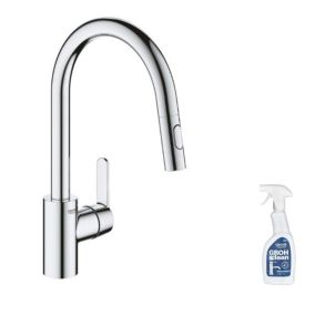 Robinet de cuisine avec douchette GROHE Feel chromé + nettoyant GrohClean