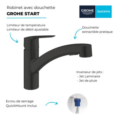 Robinet de cuisine avec douchette GROHE Start noir mat + microfibre