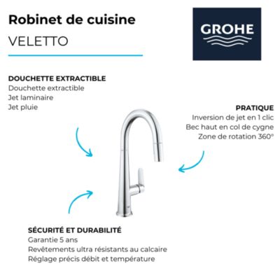 Robinet de cuisine avec douchette GROHE Veletto chromé Quickfix + nettoyant GrohClean
