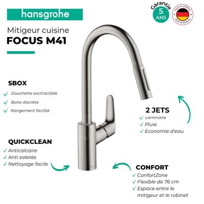 Robinet de cuisine avec douchette HANSGROHE Focus M41 240 sBox 2 jets aspect acier inox
