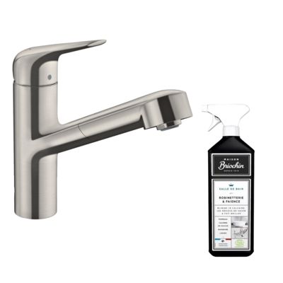 Robinet de cuisine avec douchette HANSGROHE Focus M42 150 aspect acier inox + nettoyant Briochin