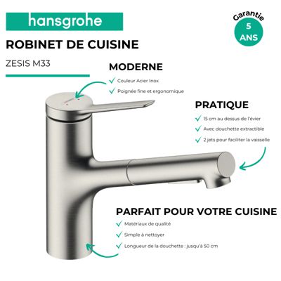 Robinet de cuisine avec douchette HANSGROHE Zesis M33 150 2 jets aspect acier inox + nettoyant Briochin