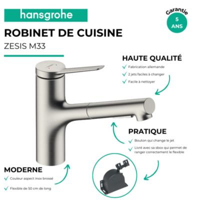 Robinet de cuisine avec douchette HANSGROHE Zesis M33 150 sBox 2 jets aspect acier inox + nettoyant Briochin