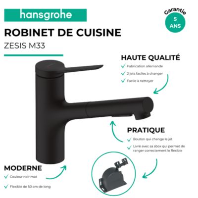 Robinet de cuisine avec douchette HANSGROHE Zesis M33 150 sBox 2 jets noir mat + nettoyant Briochin