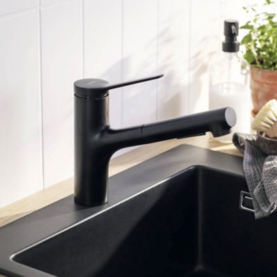 Robinet de cuisine avec douchette HANSGROHE Zesis M33 150 sBox 2 jets noir mat + nettoyant Briochin