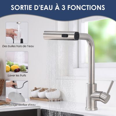 Robinet de Cuisine Brossé avec Douchette Extracible Mitigeur d'Evier à 3 Modes Robinet de Cuisine Rotatif à 360 degrés