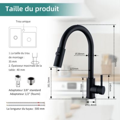 ZYWUOY Tête De Pulvérisation De Robinet De Cuisine Extractible - Noir, Avec Interrupteur D'arrêt D'eau - Double Jet, Universelle 1/2"