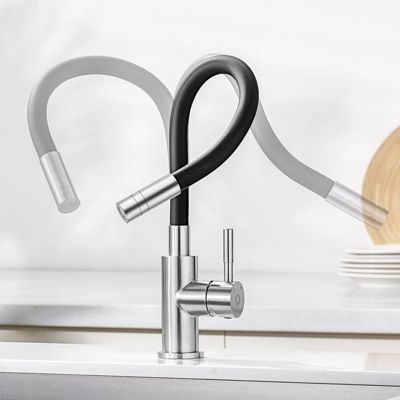 Robinet de Cuisine Flexible 360 Inox 304 Brossé & Noir - Mitigeur 2 Jets Orientable avec Cartouche Céramique