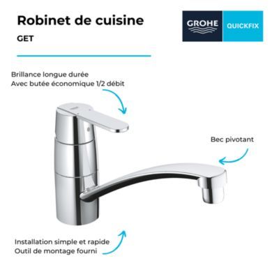 Robinet de cuisine GROHE Get Quickfix chromé + nettoyant GrohClean