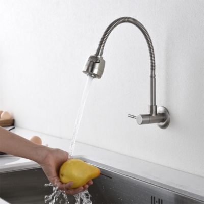 Robinet de cuisine mural uniquement à eau froide Pivotant à 360 degres Double fonction En acier inoxydable brossé et nickel