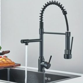 Robinet de Cuisine Noir Mat - Pulvérisateur Extractible, Poignée Unique, Ressort, 360 Dépenser Anti-Éclaboussures, Inox 304