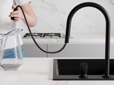 Robinet de cuisine noir Primagran avec deux types de jet d'eau, robinet d'Evier avec rotation a 360, mitigeur haute pression