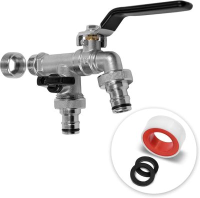 Robinet de Cuve Double Sortie en Laiton avec 2 Raccords de Tuyau Résistant au Gel pour Récupérateur d Eau de Pluie