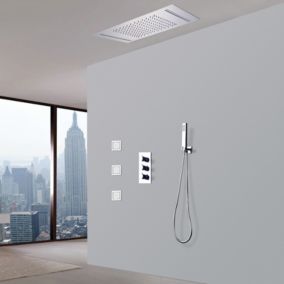 Robinet de douche thermostatique avec tête de douche encastrable au plafond - Chromé