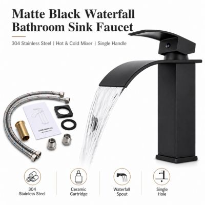 Robinet de lavabo cascade monotrou noir mat en acier inoxydable 304, mitigeur salle de bain avec cartouche céramique 25 mm