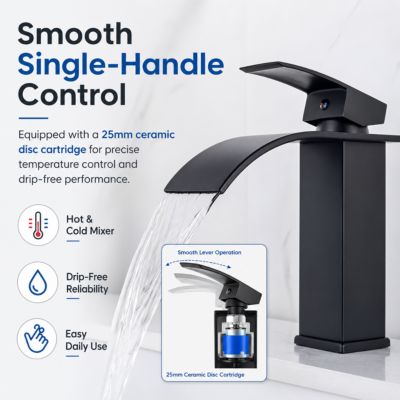 Robinet de lavabo cascade monotrou noir mat en acier inoxydable 304, mitigeur salle de bain avec cartouche céramique 25 mm