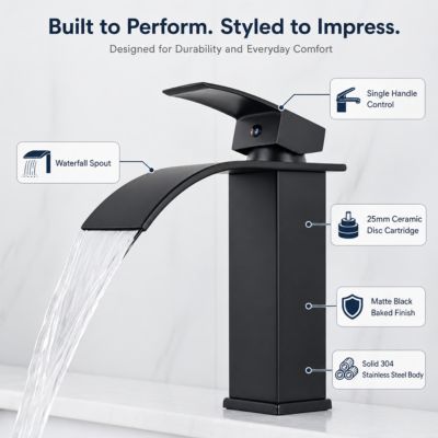 Robinet de lavabo cascade monotrou noir mat en acier inoxydable 304, mitigeur salle de bain avec cartouche céramique 25 mm