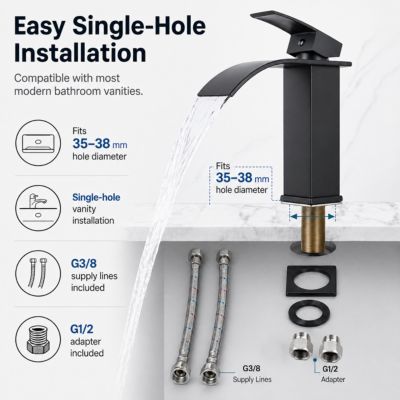 Robinet de lavabo cascade monotrou noir mat en acier inoxydable 304, mitigeur salle de bain avec cartouche céramique 25 mm