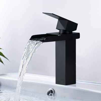 Robinet de Lavabo Cascade Noir Mitigeur de Lavabo Mono-trou Robinetterie Lave-mains Monocommande Robinet Salle de Bain