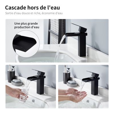 Robinet de Lavabo Cascade Noir Mitigeur de Lavabo Mono-trou Robinetterie Lave-mains Monocommande Robinet Salle de Bain