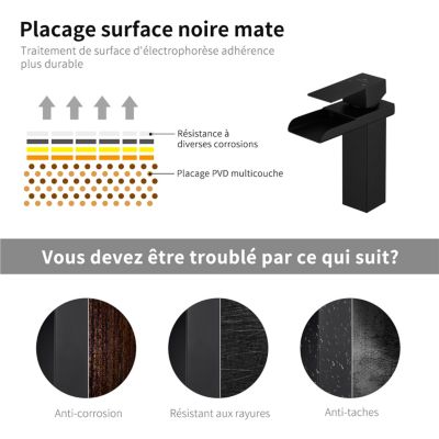 Robinet de Lavabo Cascade Noir Mitigeur de Lavabo Mono-trou Robinetterie Lave-mains Monocommande Robinet Salle de Bain