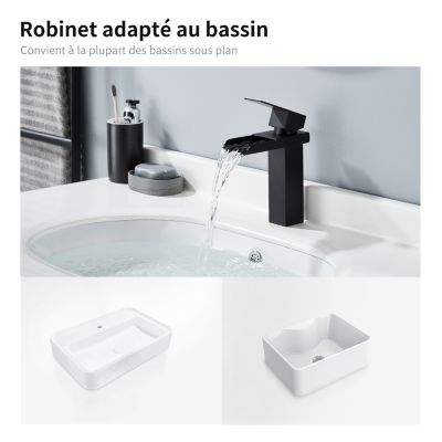 Robinet Lavabo Monotrou Monocommande - Noir Mat, Design Moderne - Bec Cascade, Laiton, Silencieux (<17 DB) - Pour Salle De Bain, WC Invités