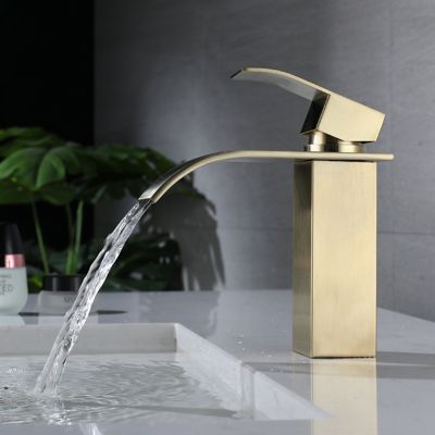 Robinet de Lavabo Cascade pour Salle de Bain Mitigeur de Lavabo Vasque Robinetterie Cascade avec Bec Grand en Acier Ino Or Brossé