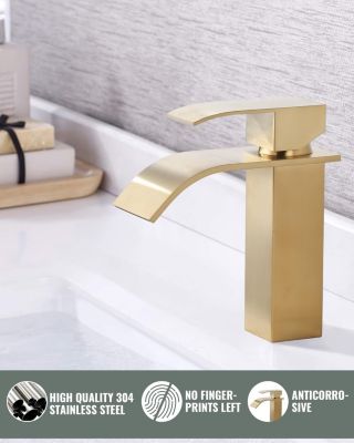 Robinet de Lavabo Cascade pour Salle de Bain Mitigeur de Lavabo Vasque Robinetterie Cascade avec Bec Grand en Acier Ino Or Brossé
