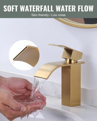 Robinet de Lavabo Cascade pour Salle de Bain Mitigeur de Lavabo Vasque Robinetterie Cascade avec Bec Grand en Acier Ino Or Brossé