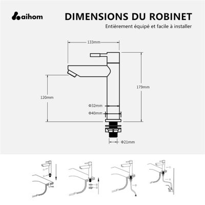 Robinet Eau Froide pour Lave-Mains Robinet Salle de Bain Noir Robinet Lavabo en Acier Inox Robinetterie Mousseur Démontable