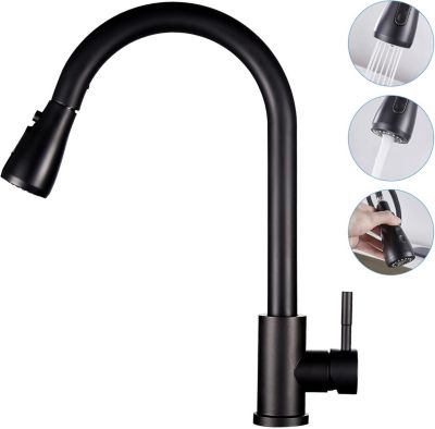Robinet - Laiton - Extractible - Robinet de Cuisine - Acier Inoxydable 304 - Double Sortie Chaude et Froide - Évier - Noir