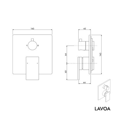 Robinet Mitigeur carré mural encastré Baignoire Laiton Chrome, cartouche céramique - 14x14x4.5cm (LxHxP) - LAVOA