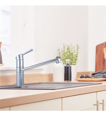 Robinet mitigeur d'évier de cuisine bas à bec rotatif chromé économiseur d'eau cartouche céramique