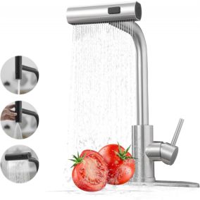 Robinet mitigeur de cuisine avec douchette extractible - Robinet d'évier de cuisine à poignée unique argenté avec 3 fonctions