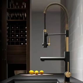Robinet mitigeur de cuisine semi-pro surélevé noir/doré, Plastron