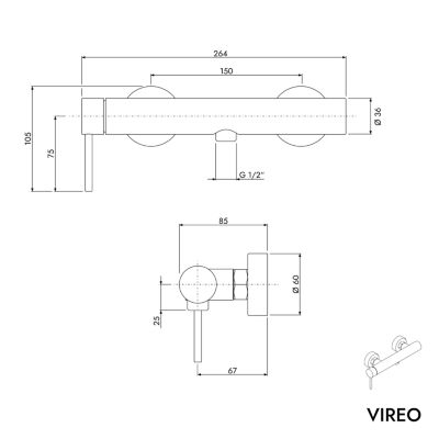 Robinet mitigeur de douche mural Acier inoxydable Chrome, mélangeur céramique - 26x11x9cm (LxHxP) - VIREO