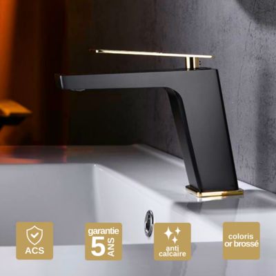 Robinet Mitigeur de Lavabo anti-calcaire Bas Noir Mat et Or Brillant IMEX SUECIA BDC032-1NGOLD