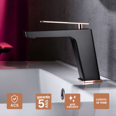 Robinet Mitigeur de Lavabo anti-calcaire Bas Noir Mat et Or Rose IMEX SUECIA BDC032-1NOR