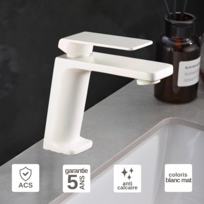 Robinet Mitigeur de Lavabo anti-calcaire Bec Bas Blanc Mat IMEX FIYI BDF016-1BL