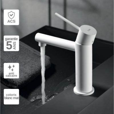 Robinet Mitigeur de Lavabo anti-calcaire Bec Bas Blanc Mat IMEX MILOS STICK BDYS045-1BL