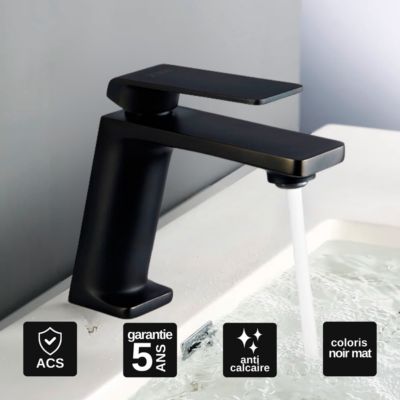 Robinet Mitigeur de Lavabo anti-calcaire Bec Bas Noir Mat IMEX FIYI BDF016-1NG