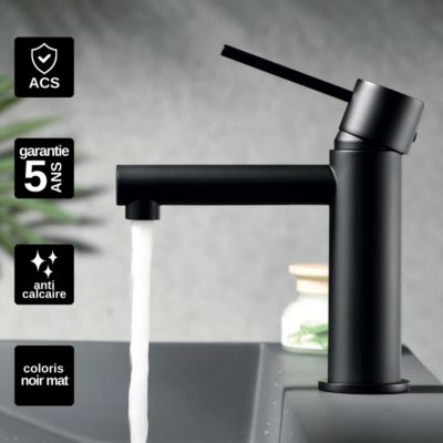 Robinet Mitigeur de Lavabo anti-calcaire Bec Bas Noir Mat IMEX MILOS STICK BDYS045-1NG