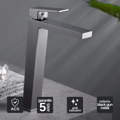 Robinet Mitigeur de Lavabo anti-calcaire Bec haut Black Gun Métal IMEX ART BDAR025-3BGM