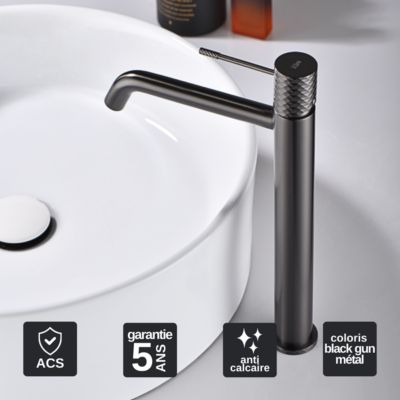 Robinet Mitigeur de Lavabo anti-calcaire Bec Haut Black Gun Métal IMEX GENOVA BDG053-3BGM