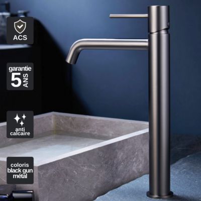 Robinet Mitigeur de Lavabo anti-calcaire Bec Haut Black Gun Métal IMEX MONZA BDM039-3BGM