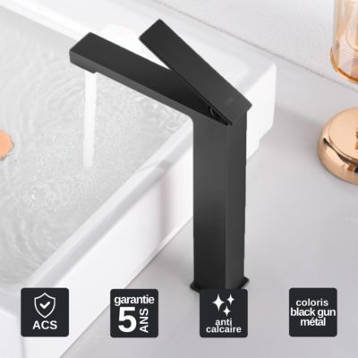 Robinet Mitigeur de Lavabo anti-calcaire Bec Haut Black Gun Métal IMEX PISA BDP048-3BGM